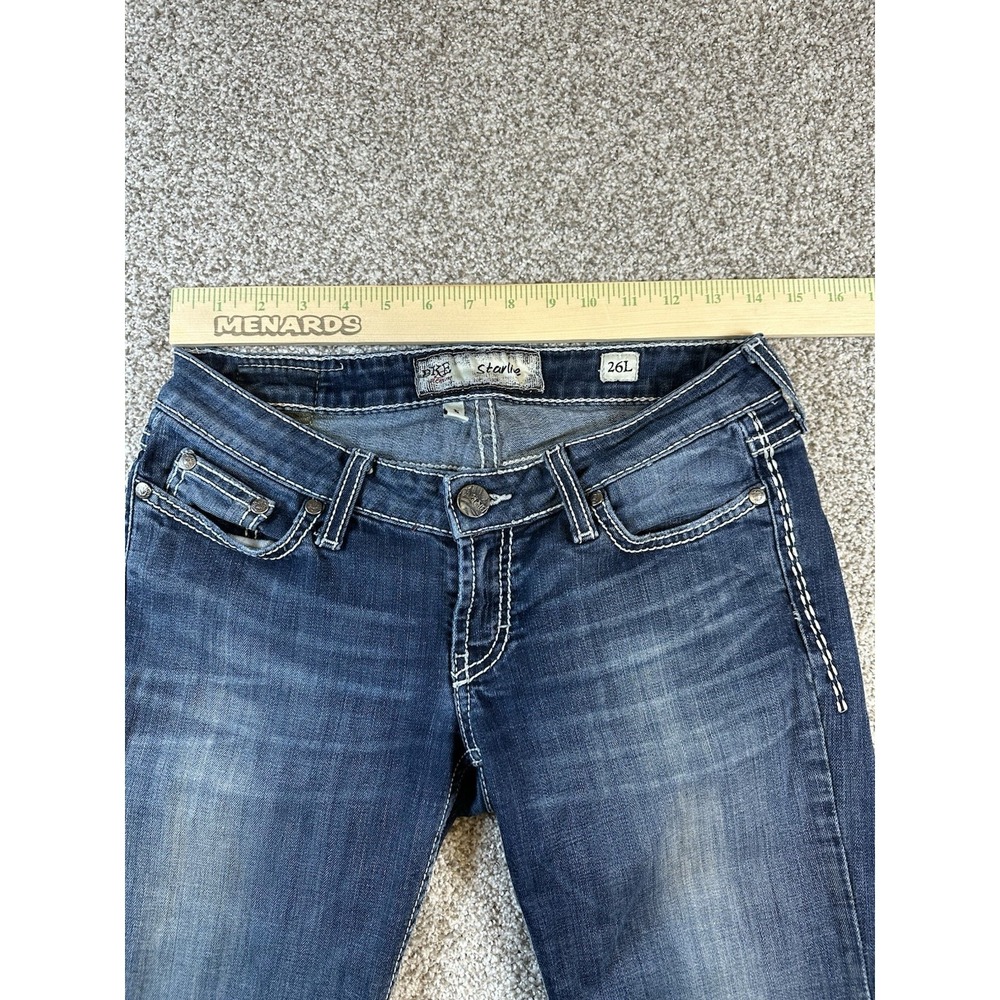 BKE Starlite Flare Jeans Womens 26L Dark Wash Blue Contrast Stitch Low Rise